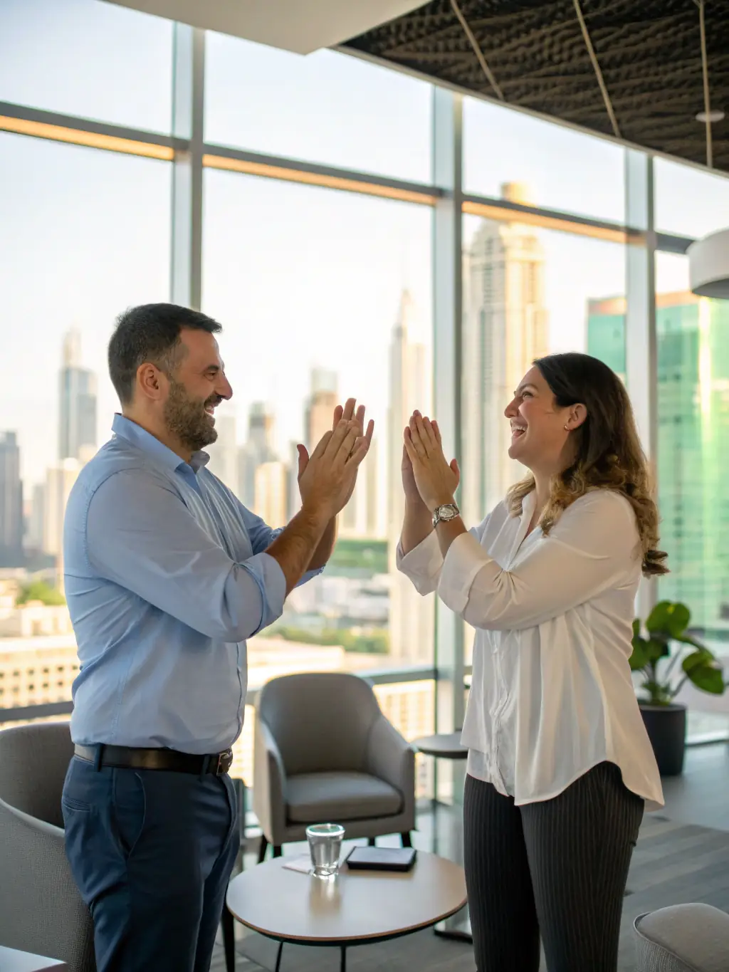 A picture of a coach and client celebrating a milestone achievement, showcasing the positive reinforcement and encouragement provided throughout the coaching journey.