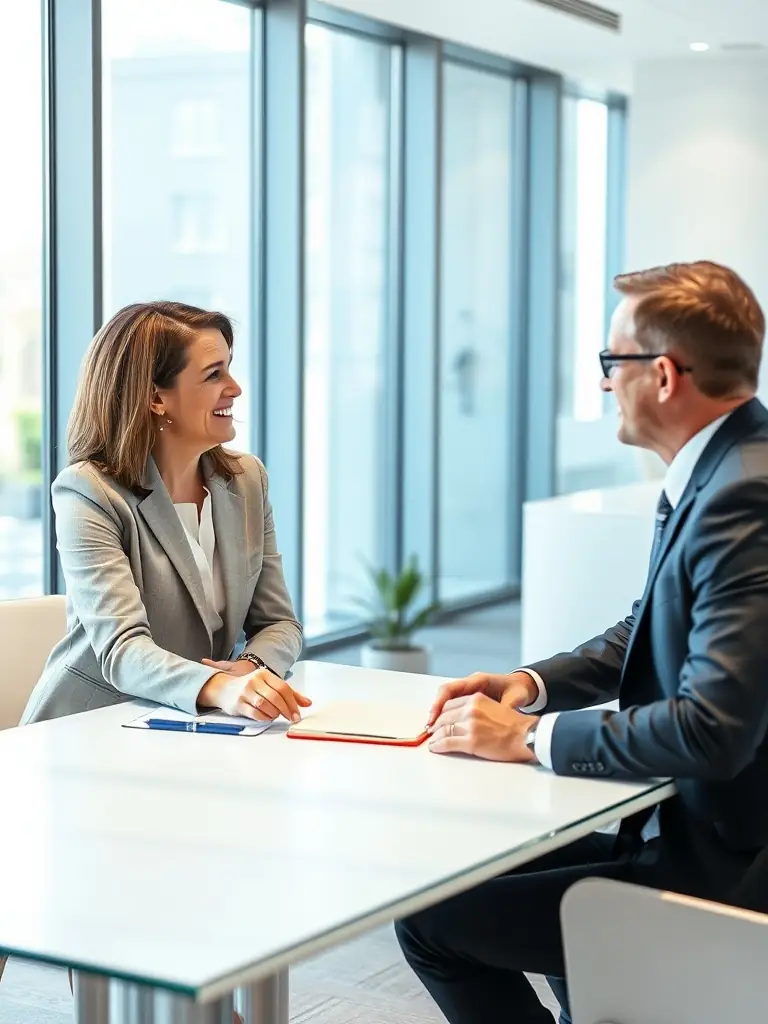 A professional business coach in a sharp suit, confidently gesturing during a one-on-one coaching session in a modern office setting, emphasizing strategic planning.