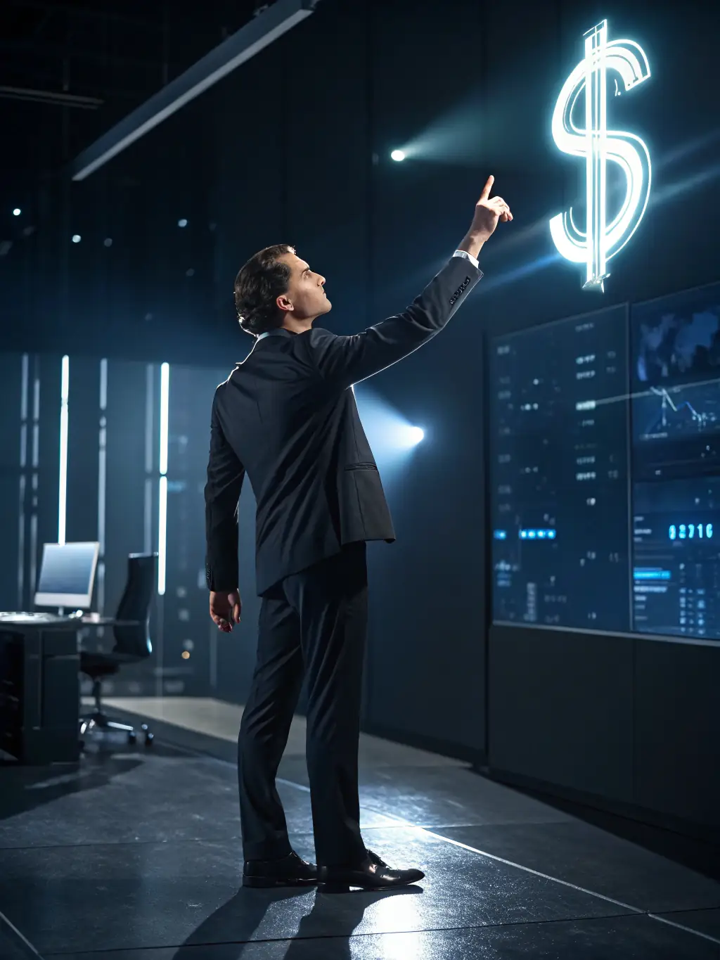 A professional business coach in a suit, confidently gesturing towards a growth chart on a whiteboard during a coaching session, symbolizing strategic business growth.