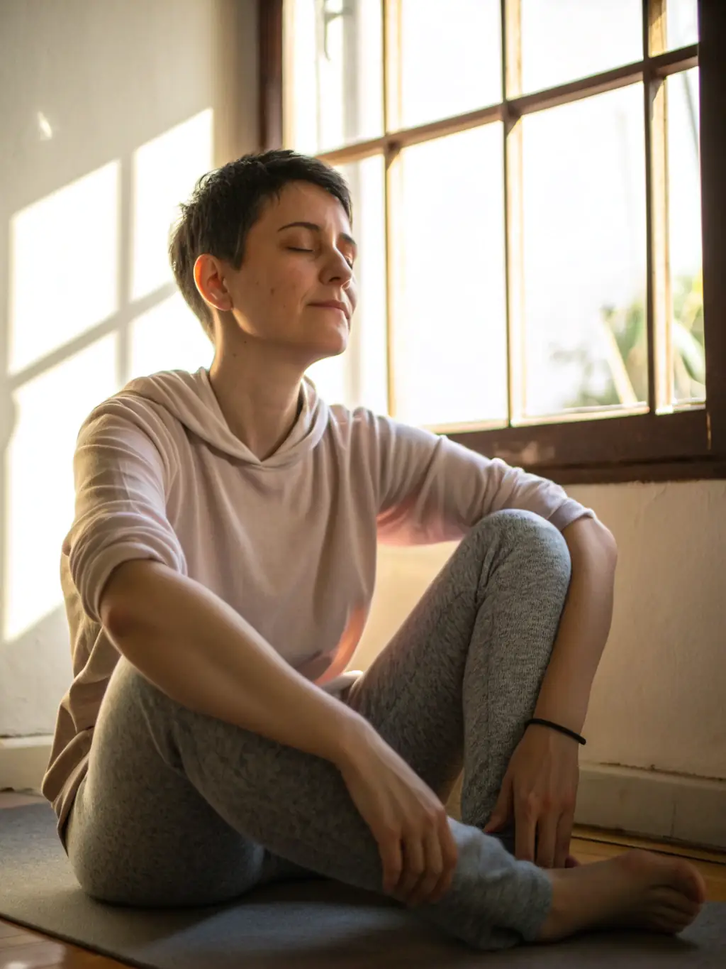 A person meditating in a modern office, with soft, diffused lighting, representing mindset development and mental clarity in a professional setting.