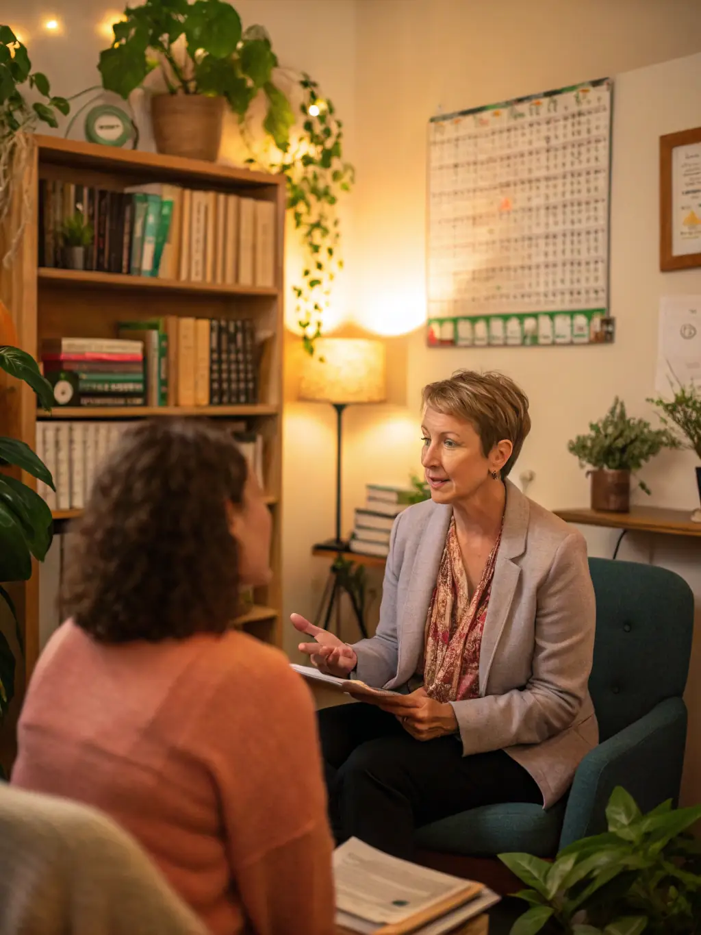 A photograph of a coach actively listening to a client in a bright, modern office, emphasizing the importance of understanding individual needs.