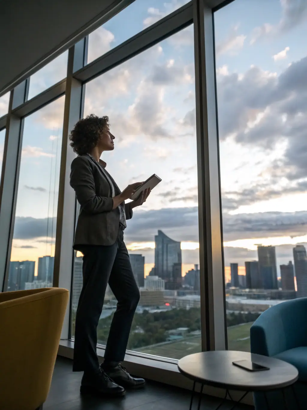 An individual looking thoughtfully at a career growth chart, symbolizing progress and achievement, set against a backdrop of London's skyline.