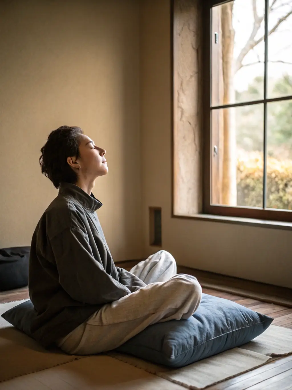 A person meditating in a serene office space, promoting mindfulness and mental well-being, with soft, natural light filtering through the window.