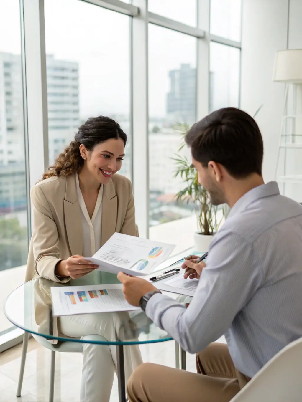 A coach and client reviewing financial documents in a bright, modern office, symbolizing financial planning and business acumen.
