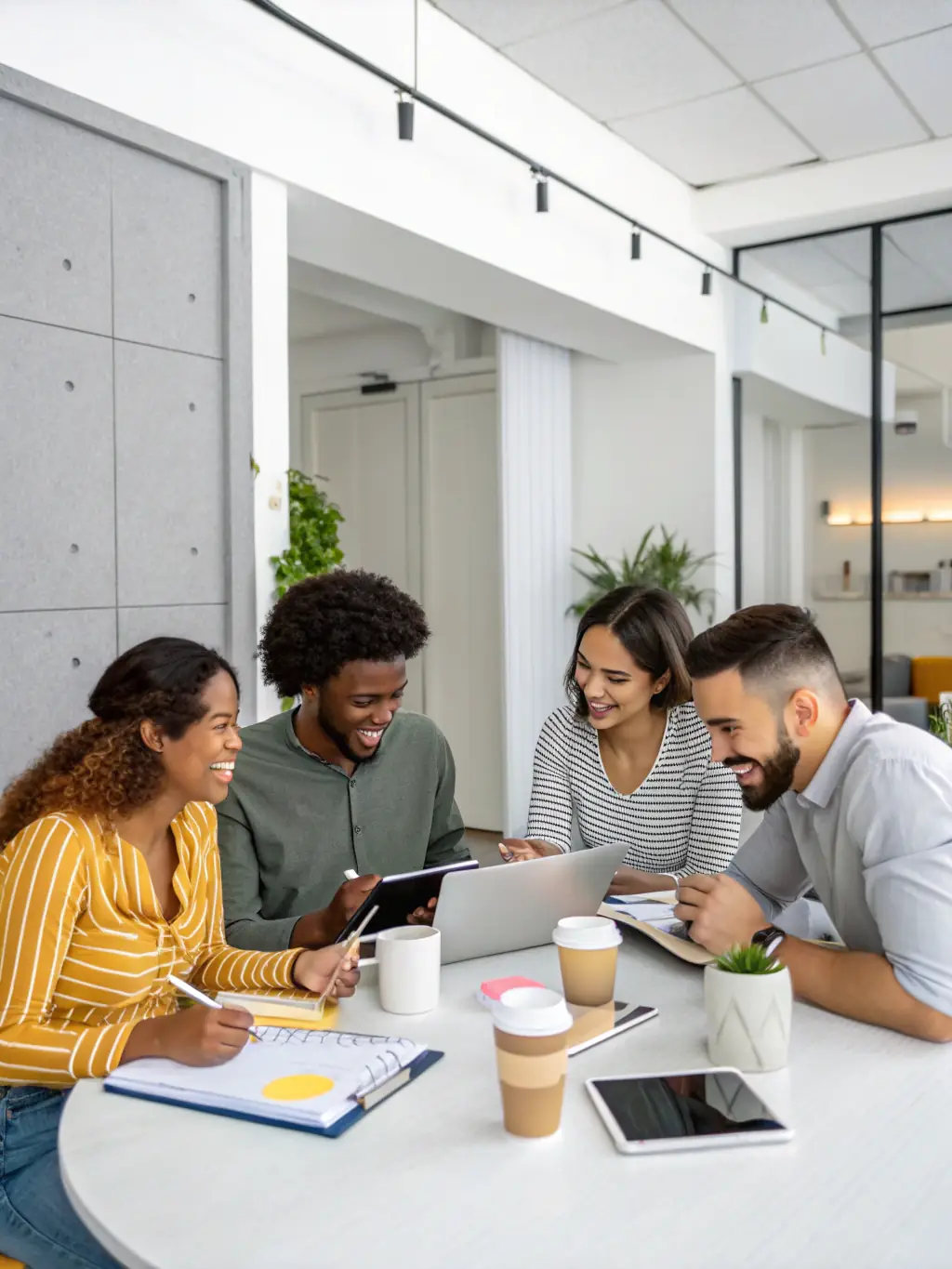 A diverse team collaborating around a table, brainstorming ideas and strategies, showcasing teamwork and career advancement.